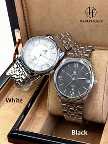 PABLO RAEZ 1pc Original Men's Watch, Stainless Steel Vintage Luxury Charming Business Accessory, 50M Waterproof AAA Watches, Simple Jewelry Calendar Clock, Men's Solid Metal Steel Bracelet Chain, Silver Black Dial With Date, Brand New Casual Fashion Quartz Watch, Men's Steel Roman Numerals And Bar Black High-End Business Watch, Daily Use, Teacher Gift, Time, Father Or Male Friend Birthday Graduation Wedding Gift - Silver - View 9
