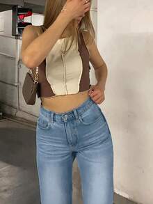 Women's Casual Simple Washed Straight Leg Jeans, Slimming, Spring/Autumn - Medium Wash - View 3