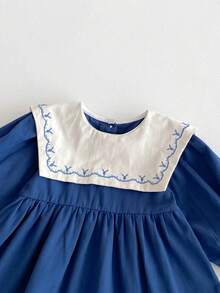 1pc Young Girls Embroidered Floral Ruffled Hem Long Sleeve Dress, Casual Fashion & Comfortable, Autumn - Blue - View 4