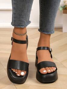 夏季厚底女士坡跟凉鞋，百搭纯色，钩环编织，百搭舒适 - 黑色 - 查看 2