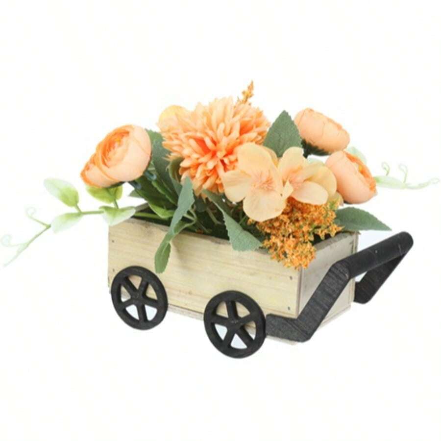 Expositor de decoração floral artificial com vaso de flores no carrinho, plantas artificiais - Rosa Empoeirado - Ver 1