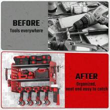 Power Tool Organizer, Drill Older  Mount With 2 Side Pegs With Ooks, 3 Layer Garage Organization Eavy Duty Tool Organizers Utility Rack For 4Drill Olders Red
