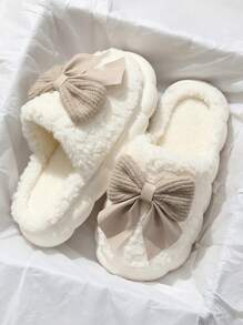 Pantofole da donna con fiocco e pelliccia, nuove per l'autunno/inverno 2025, calde e antiscivolo per interni, con suola spessa, bianche e color cachi