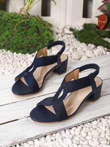 女式高跟凉鞋：罗马风格粗跟露趾松紧带波西米亚设计 - 寶藍色 - 查看 4