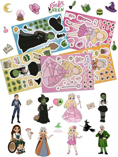 8 Sheets Green Wicked Make Your Own Magic Witch Stickers Puzzle Parent-Child Interactive Games Cute Cartoon Movie Vinyl Waterproof Sticker Decals For Mobile Phones Computers Christmas Gifts For Kids Teens Adults For Party Decorations Back To School Student Rewards Supply
