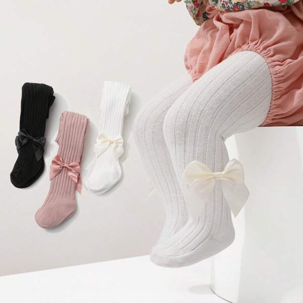 3 Pairs Infant & Toddler Bow Decor Leggings, Newborn Tights For Spring & Autumn