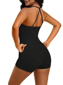 1 Pack Summer Women's Open Back Tracksuit Set Camisole Top High Waist Yoga Shorts Quick Dry Set Is Suitable For Holidays, Travel Work, Sports Wear - 黑色 - 查看 5