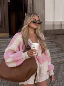 Cárdigan de punto con lazo y estampado de rayas para mujer, uso casual para otoño/invierno, Año Nuevo, Día de San Valentín - Multicolor - Ver 5