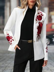 Soft Rose Embroidered Classic White Coat. - 白色 - 查看 8