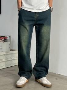 Jeans rectos holgados con lavado vintage para hombres, de moda y versátiles