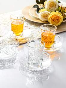 1 Set, Middle Eastern Retro Glass Tea Cup & Saucer Combination, Turkish Tea Cup With Saucer Set, Includes 6 Cups And 6 Saucers, Suitable For 6 People, Slim Waist Design With Thickened Bottom To Prevent Tea From Getting Cold