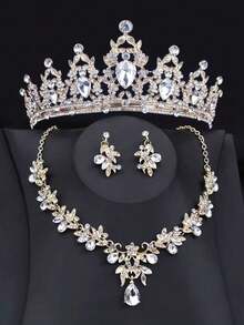 4pcs Teenage Jewelry Set, Princess Necklace Set, Crown Necklace Set, Crystal-Grade Party Headpiece, Luxury Crown Necklace Gift Box, Flower Girl Wedding Accessories, Suitable For Holidays, Gifts, Galas