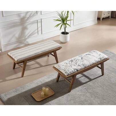  Chairus Country Wood Ottoman Bench Linen Upholstered Bed End Bench, Rustic Window Seat For Entryway/Living Room/Dining Room