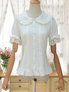 Women's Sweet Shirt Short Puff Sleeve Flower Embroidered Collar White Ruffle Blouse, Large Plus