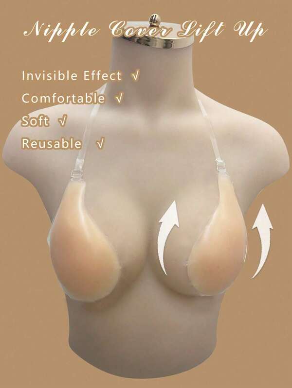 1 Pair Women's Invisible Silicone Bra,Spoon-Shaped Nipple Covers With Halter Neck Strap, Non-Slip Lift & Support For Breast, Self-Adhesive, Washable & Reusable,Perfect For Swimwear, Wedding Dresses & Everyday Wear