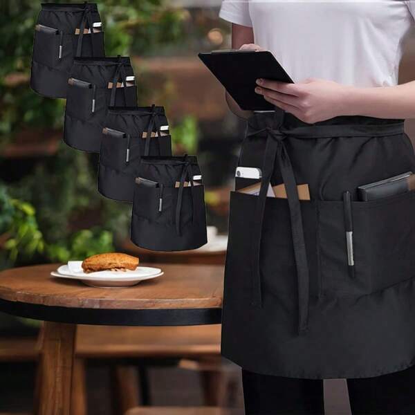 1/2/5 Pcs Unisex Chef Apron With 2 Large Pockets And 1 Small Pocket - Polyester Kitchen Apron For Cooking, Restaurant, Bar, Cafe - Multi-Colors Available, Restaurant Uniform | Practical Kitchenware | Multi-Pocket Apron