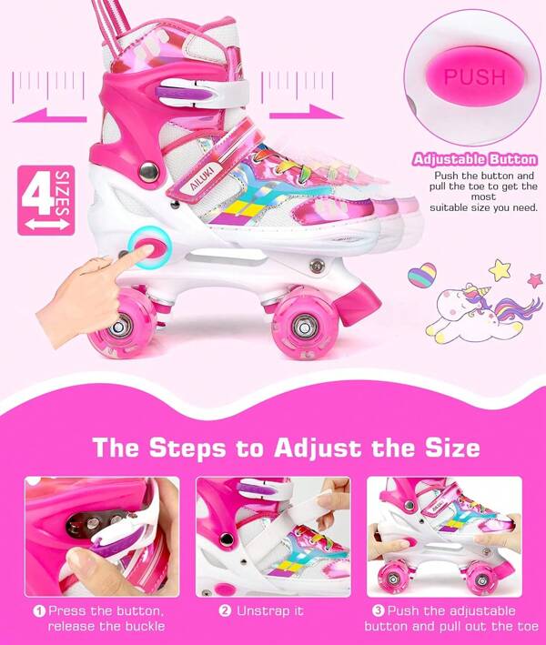 TAIMASI TAIMASI Roller Skates For Girls Boys Adjustable, 4 Size Ages 6-12 & 3-5, Kids Roller Skates With Light Up 8 Shining Wheels, 3 Color Shining For Toddlers Boys Girls Beginners
