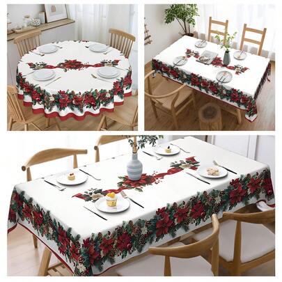 1/36 件，乡村风圣诞小屋桌布 - 鲜艳的冬青和松果设计，防水涤纶，矩形，适合节日用餐、厨房装饰和节日聚会