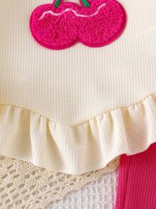 2pcs Baby Girl Cherry Embroidered Ruffle Trim Bohemian Style Long Sleeve Top And Elastic Waist Flared Casual Pants Set - Apricot - View 4