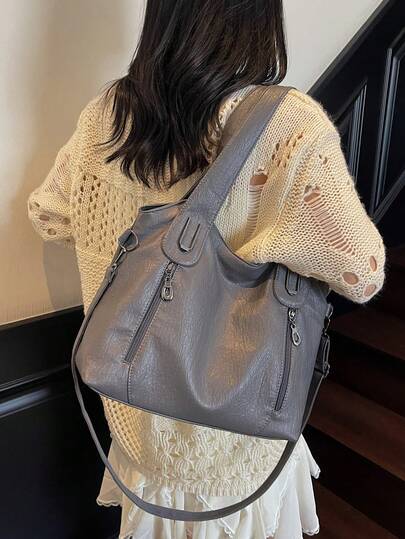 Fashionable Solid Color Leather Handbag, Vintage PU Messenger Bag, Daily Commute Front & Back Zipper Large Capacity Women Shoulder Bag