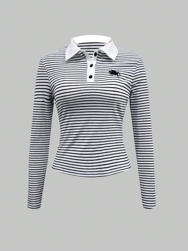 Camisa polo casual de corte slim con botones, a rayas blancas y negras