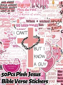50 件粉色耶稣圣经诗句贴纸礼物卡通装饰剪贴簿笔记本电脑行李吉他水杯手机壳 DIY 贴花，适用于学校用品，返校 - 彩色 - 查看 1