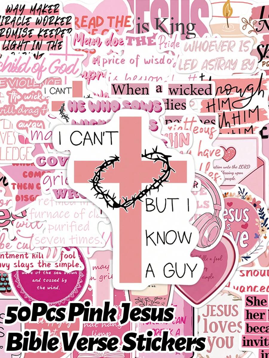 50 件粉色耶稣圣经诗句贴纸礼物卡通装饰剪贴簿笔记本电脑行李吉他水杯手机壳 DIY 贴花，适用于学校用品，返校 - 彩色 - 查看 1