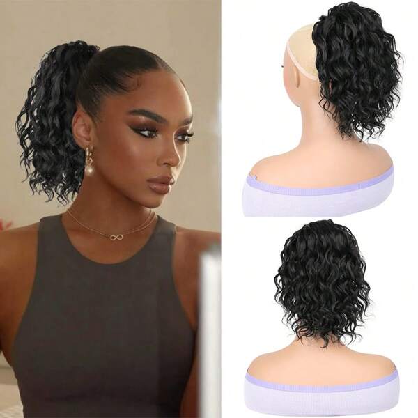 Synthetic Deep Wave Drawstring Ponytail 10 Inch Short Wavy Curly Ponytails Drawstring Ponytail For Women Synthetic Hairpiece For Daily Use
