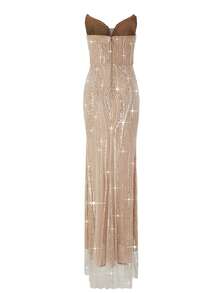 Astony One 女士优雅奢华深V领晚礼服，性感无肩带紧身连衣裙，饰以珍珠和闪亮亮片，散发奢华魅力，是正式场合的完美之选 | 适合宴会、婚礼、盛大晚宴、奢华晚宴、音乐节、郊游和高端正式活动派对等春季场合 - 香檳色 - 查看 10