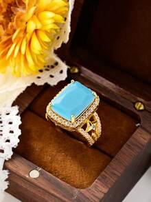 Anel de luxo vintage em cobre banhado a ouro 18K com zircônias sintéticas exageradas nas cores vermelha, esmeralda, preta e turquesa, cravação quadrada estilo princesa, aliança de casamento feminina, joia para o Dia dos Namorados, para uso diário em todas as estações.