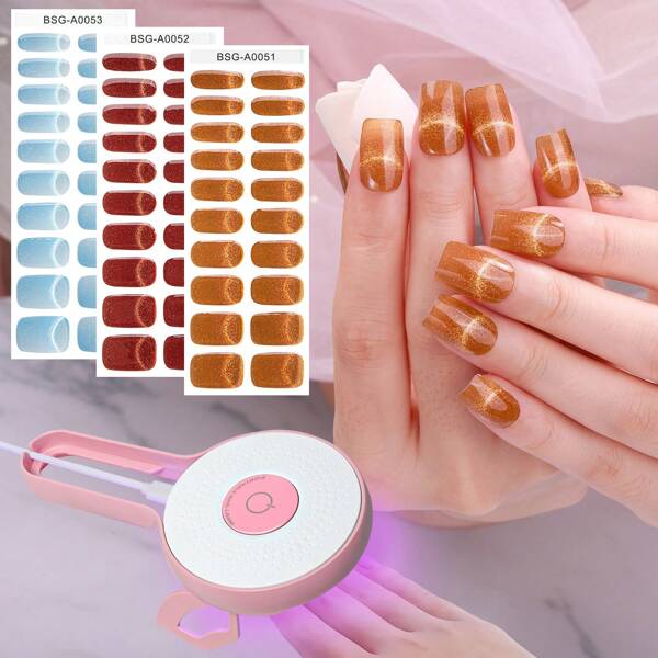 BETE Kit de tiras de uñas de gel, 20 piezas de pegatinas de uñas de gel, envolturas de uñas de gel semi-curadas, de calidad de salón y larga duración, incluye lámpara LED, lima de uñas, palito de cristal, adecuado para proteger las uñas naturales durante la práctica de arte de uñas. Brillo lunar, adecuado para reuniones diarias de mujeres y niñas.