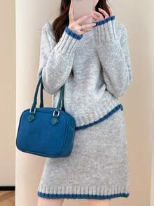 Tonlion 女式撞色圆领毛衣和迷你裙两件套，秋冬