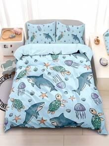 Conjunto de cama com estampa de tartaruga e tubarão marinho, 4 peças (1 capa de edredom + 2 fronhas + 1 lençol de cima), lavável, adequado para quarto, hotel, escola, apartamento
