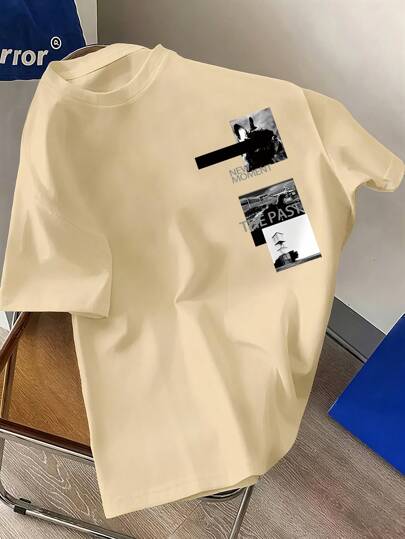 Camiseta deportiva de manga corta con cuello redondo con estampado arquitectónico para adolescentes varones, cómoda y versátil, apropiada para el verano y la primavera