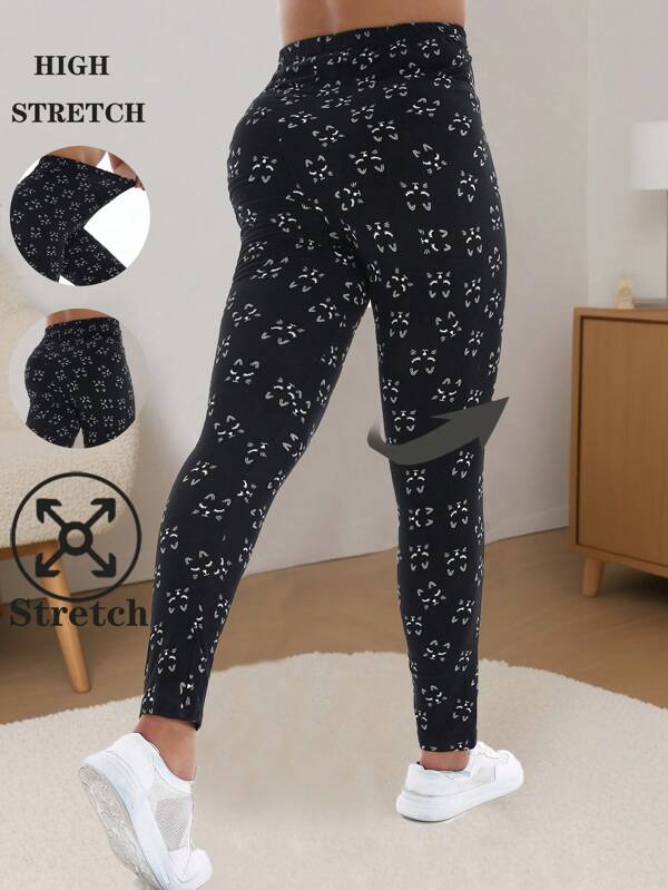 1pc Plus Size Women Cute Cat Cartoon Print Yoga Sports Leggings, High Stretch Waist Soft Breathable Running Fitness 3/4 Pants, Workout Gym Clothing, Spring Autumn Fashion Sportswear