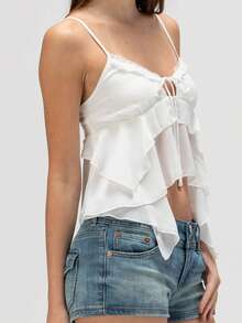 Women's Summer Ruffled Camisole Spaghetti Strap Tie Front V-Neck Lace Trim Slim Fit Tank Tops Streetwear - White - View 6