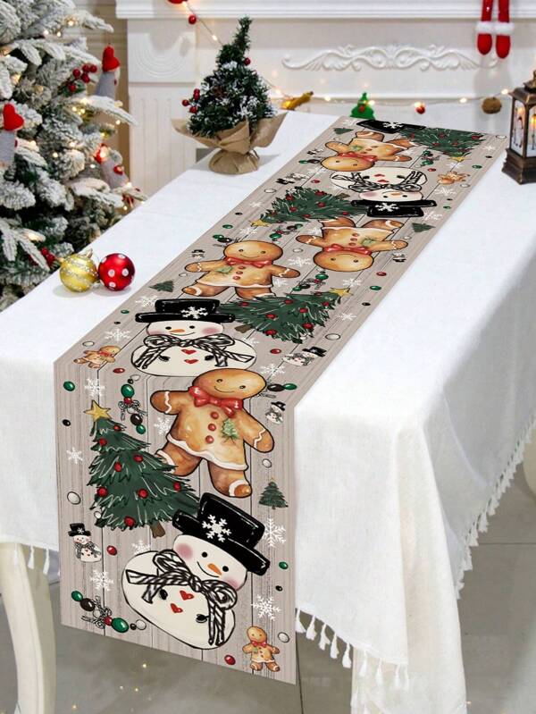 1 pezzo 35 x 180 cm Copritavolo natalizio in poliestere con stampa di omini di pan di zenzero e pupazzi di neve, decorazione natalizia carina adatta per tavolo da pranzo di famiglia, cucina, decorazione natalizia