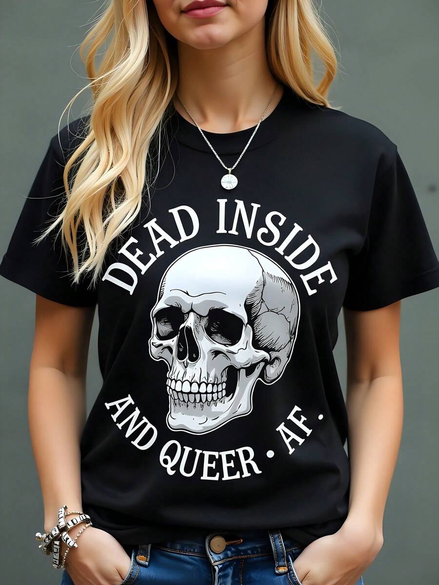 Camiseta de  con estampado de calavera "Dead Inside and Queer AF", 180g de algodón, cuello redondo, manga corta, estilo rebelde y urbano, ideal para fanáticas de moda alternativa, look casual y atrevido. - Negro - Ver 1