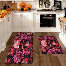 1/2 Stücke Halloween Fußmatte, Horror Rot Schädel und Blumenmuster Küchen Bodenmatte, perfekt für Innen- / Außenbereich, Familienzusammenkünfte, Küche, Esszimmer, Halloween Dekoration, Heimdekoration - Verschiedenfarbig - Übersicht 8