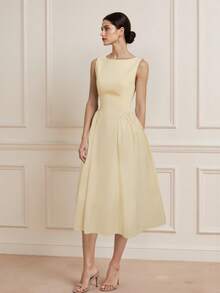 Amyenjoylife 女士时尚纯色短款圆领连衣裙 - 黃色 - 查看 5