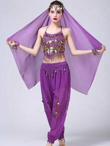 Women's Style Sparkling Belly Dance Three Pieces Set: Sequined Top + Lantern Pants + Headscarf Set For Halloween Carnival Party Stage Performance Costume
