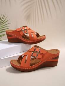 Women's Retro Thick-Soled Sandals, Open-Toe Cross-Cut Open-Heel Casual Shoes, Comfortable Wedge-Heeled Sandals For Summer - Quả cam - Xem 5