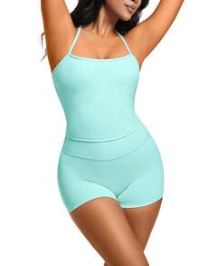 1 Pack Summer Women's Open Back Tracksuit Set Camisole Top High Waist Yoga Shorts Quick Dry Set Is Suitable For Holidays, Travel Work, Sports Wear - Màu xanh ngọc - Xem 6