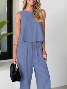 女士夏季亚麻两件套西装，无袖上衣和带口袋的松紧腰裤，时尚休闲套装适合休闲旅行和日常通勤 - 藏蓝色 - 查看 3