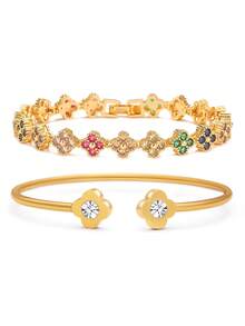 优雅时尚的四叶草彩色方晶锆石不锈钢女士手链套装，适合日常、晚会、情侣约会、送礼 - 金黃色 - 查看 12
