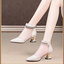 物のソフトレザーのサンダル、女性用メッシュトゥキャップサンダル、女性用太いヒール、2025春夏の新しいスタイル、女性用ミディアムヒール中空メッシュブーツ、夏 - ホワイト - チェックする 10