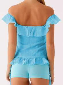 Tops de mujer con hombros descubiertos, volantes, color liso, espalda descubierta, ombligo al descubierto, estilo urbano de verano. - Azul - Ver 7