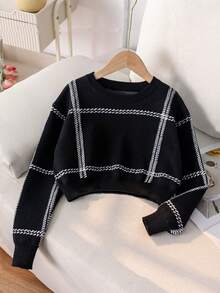 Girls' Simple Plaid Striped Short Knit Pullover Sweater, Suitable For Casual Daily Wear, Spring, Autumn, Winter - Black - View 2