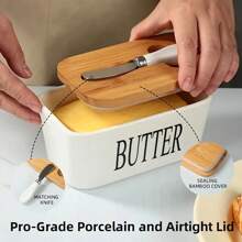 Nordic Minimalist Style Ceramic Butter Dish With Bamboo Lid And Knife - 600ml Airtight Refrigerated Storage Container, Easy To Clean, Perfect For Cheese And Spread Storage, Kitchen Accessory, Butter Storage|Minimalist Kitchenware|Airtight Container