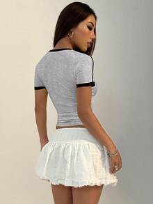 Women's Fitted Round Neck Printed Striped Short Sleeve T-Shirt, Contrast Color Pattern Casual Summer - Gray 17# - View 2